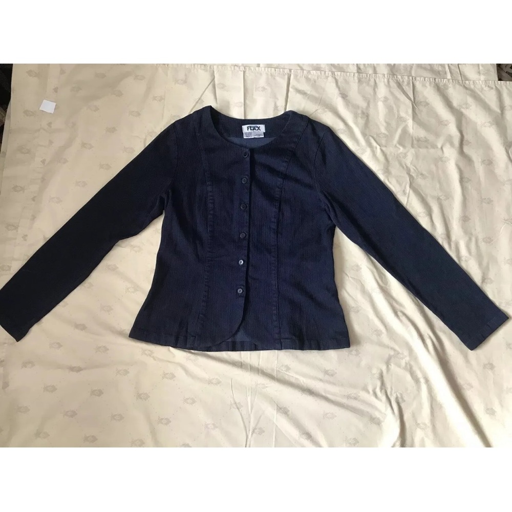 FLAX Queens Top Blazer Womens S (6-8) Navy Stretch Twill Button front minimalist - Picture 4 of 11